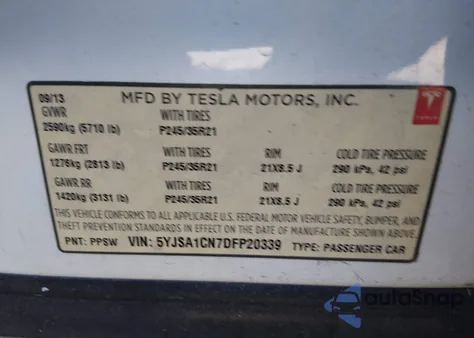 2013 Tesla Model S z USA, uszkodzony, nr VIN 5YJSA1CN7DFP20339